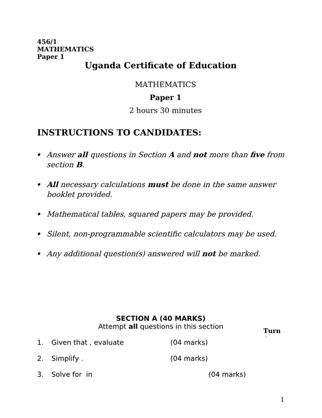 Cover of UCE Mathematics Paper 1 (456/1) Examination Paper (S4 Mathematics Past Paper)
