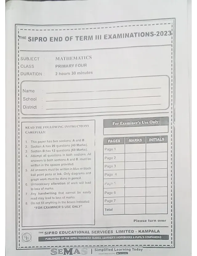 Cover of SIPRO Primary Four Mathematics End of Term III Examination 2023 (P4 Mathematics Past Paper)