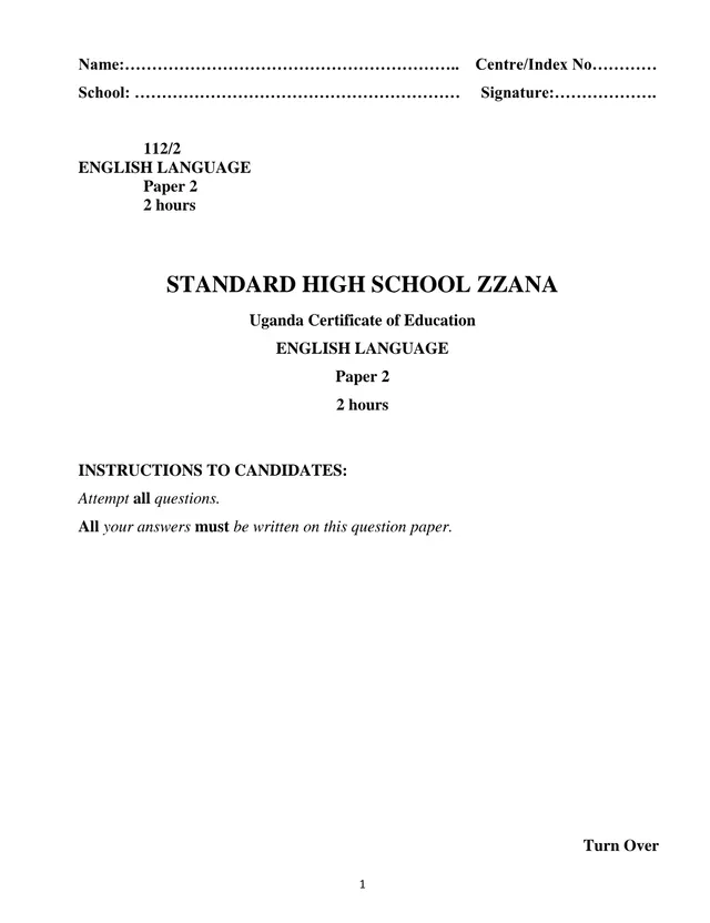 Cover of UCE English Language Paper 2 (112/2) – Standard High School Zzana (S4 English Past Paper)
