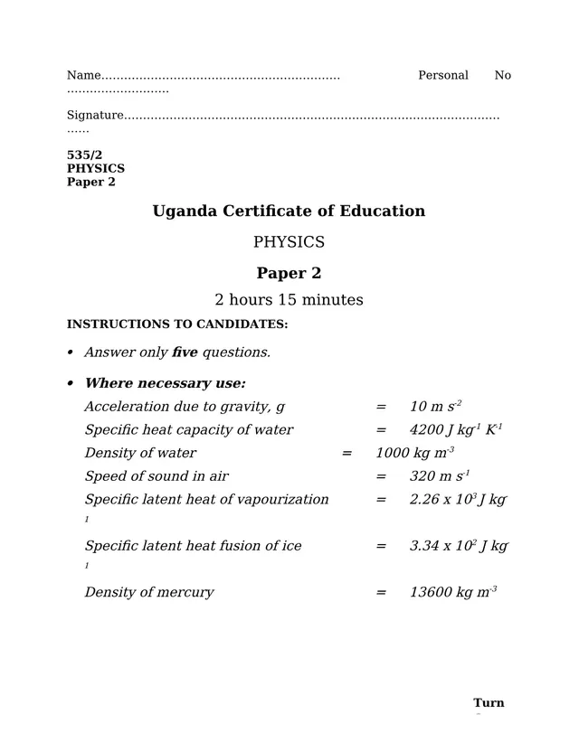 Cover of Senior 4 Physics Paper 2: UCE Examination Questions (S4 Physics Past Paper)