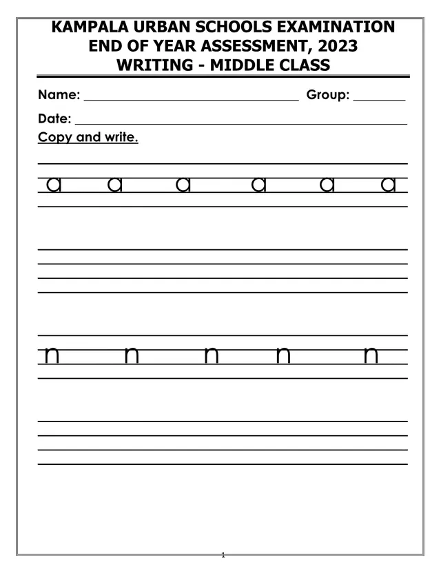 Cover of Writing Middle Class End of Year Assessment 2023 – Kampala Urban Schools (Middle Literacy Past Paper)