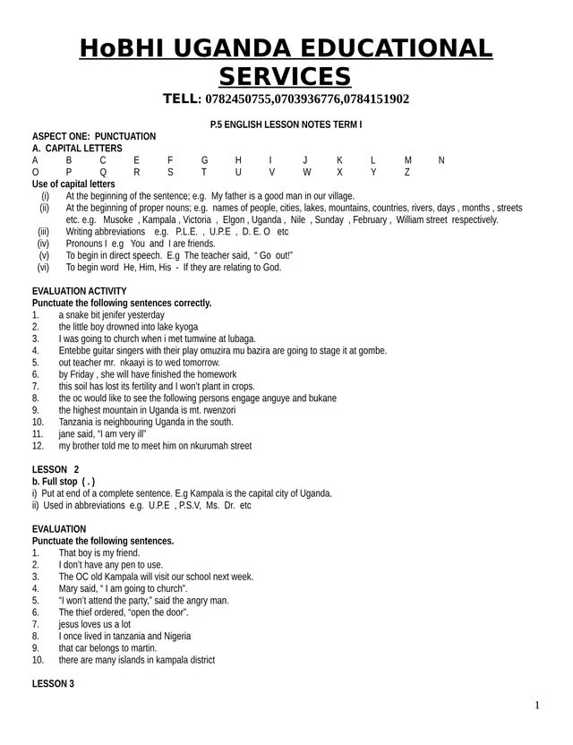 Cover of P.5 English Language Lesson Notes – Term I (P5 English Notes)
