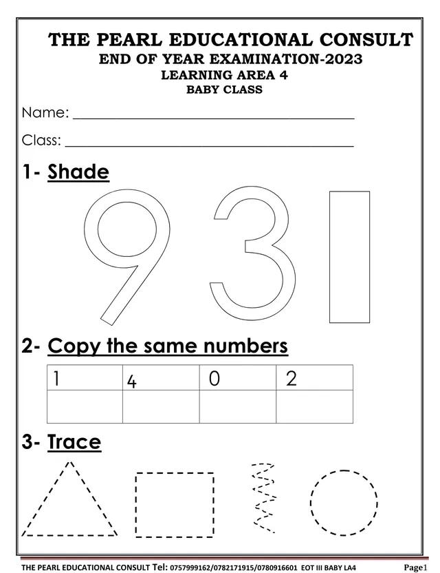 Cover of Baby Class End of Year Exam 2023 – Learning Area 4 (Number Concepts) (Baby Mathematics Past Paper)