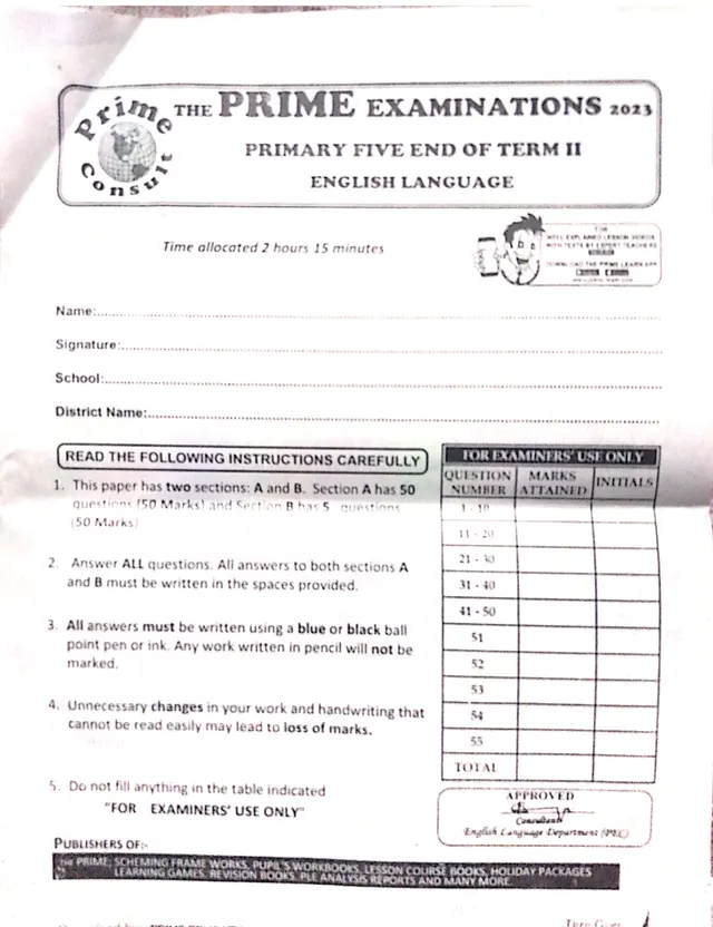 Cover of Primary 5 English End of Term II Exam 2023 – Prime Educational Consult (P5 English Past Paper)