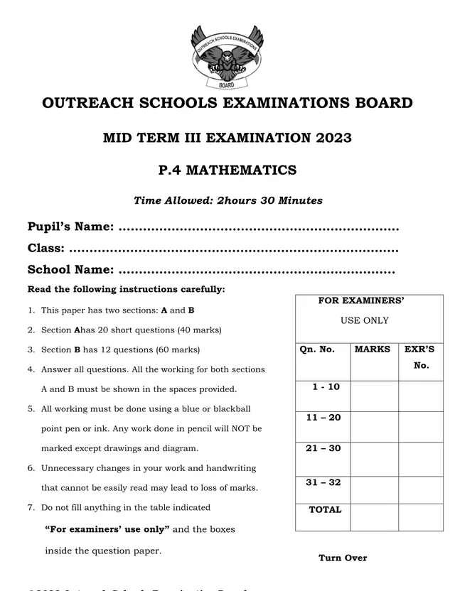 Cover of P.4 Mathematics Mid Term III Examination 2023 – Outreach Schools Examinations Board (P4 Mathematics Past Paper)