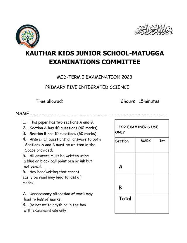 Cover of Primary Five Integrated Science Mid-Term I Examination 2023 – Kauthar Kids Junior School (P5 Science Past Paper)