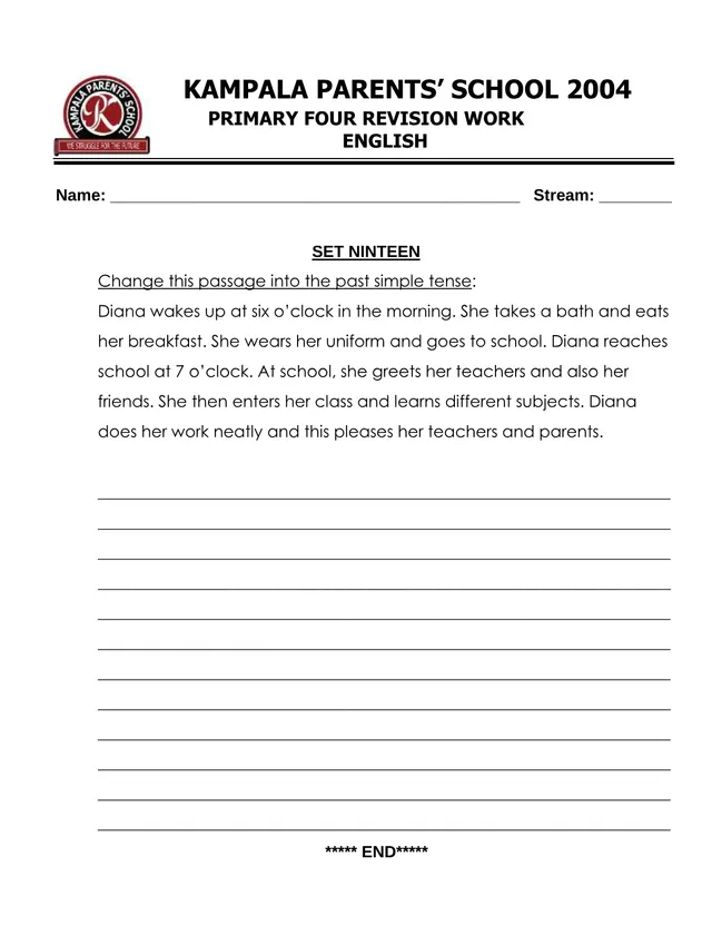 Cover of Primary Four Revision Work Set 19 – Kampala Parents’ School (P4 English Notes)