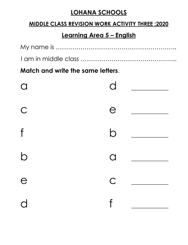 Cover of Lohana Schools Middle Class Revision Work Activity Three 2020 (Middle English Past Paper)