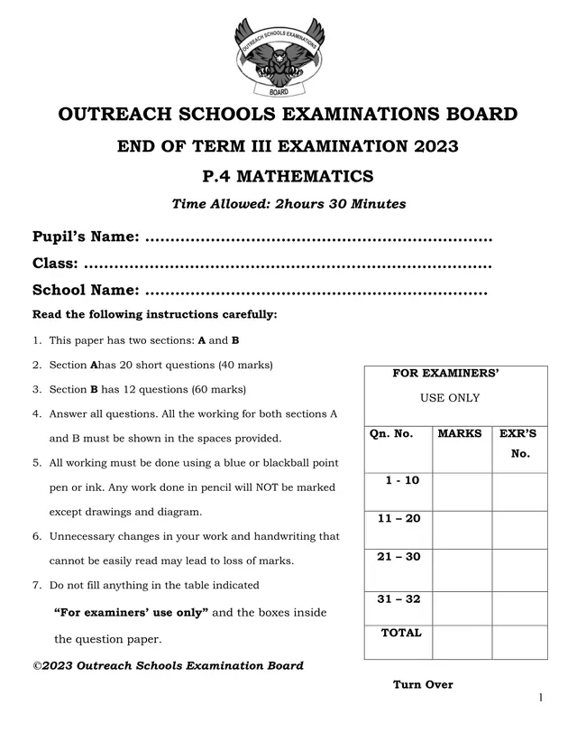 Cover of P.4 Mathematics End of Term III Examination 2023 – Outreach Schools Examinations Board (P4 Mathematics Past Paper)