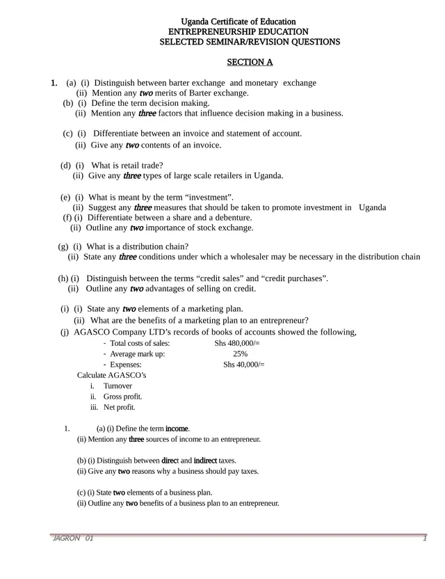 Cover of UCE Entrepreneurship Education Seminar and Revision Questions (JAGRON 2019) (S4 Entrepreneurship Revision Material)