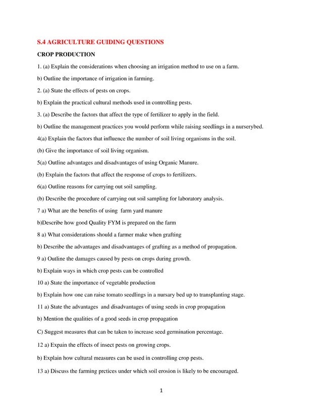 Cover of Senior 4 Agriculture Guiding Questions (S4 Agriculture Topical Questions)