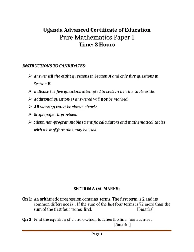 Cover of UACE S6 Pure Mathematics Paper 1 Examination (S6 Mathematics Past Paper)