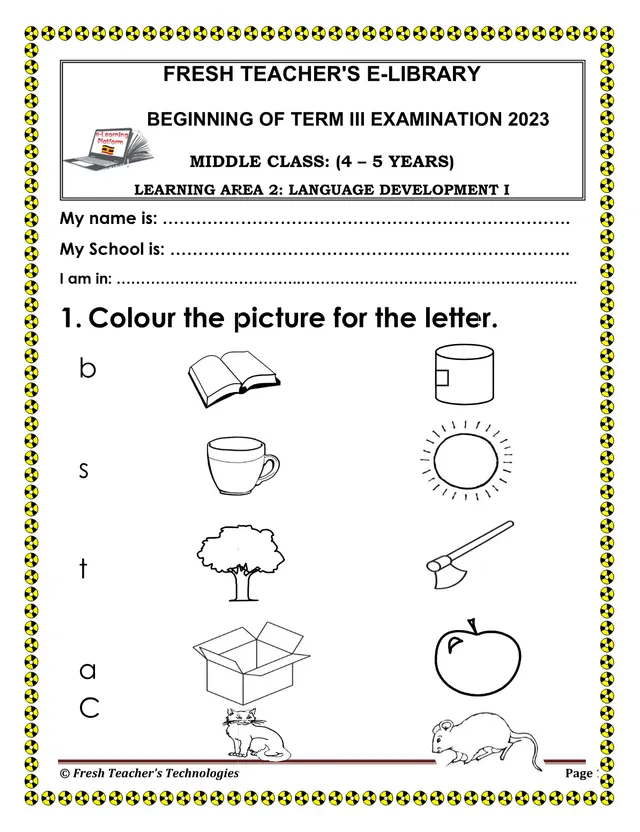 Cover of Middle Class Language Development Beginning of Term III Exam 2023 (Middle Literacy Past Paper)