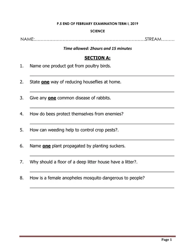 Cover of P5 Science End of February Examination, Term 1, 2019 (P5 Science Past Paper)