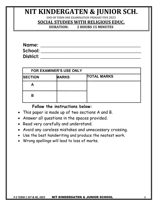 Cover of P.5 Social Studies with RE End of Term 1 Exam 2023 – NIT Kindergarten & Junior School (P5 Social Studies Past Paper)