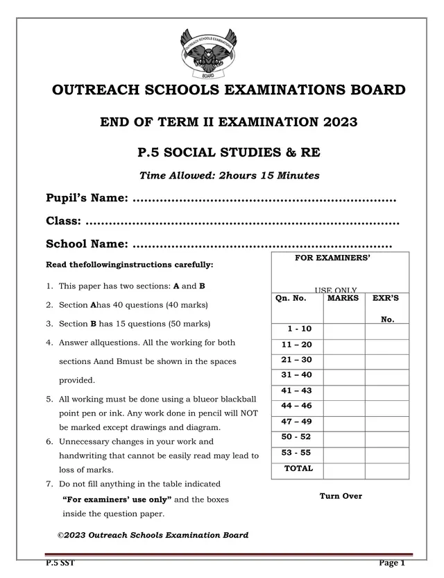 Cover of P.5 Social Studies & RE End of Term II Examination 2023 – Outreach Schools Board (P5 Social Studies Past Paper)