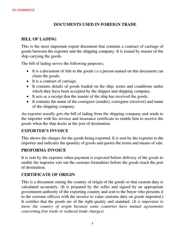Cover of Documents Used in Foreign Trade – S3 Commerce Notes (S3 Notes)
