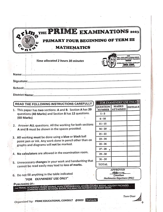 Cover of Primary 4 Mathematics Beginning of Term III Exam 2023 – The Prime (P4 Mathematics Past Paper)