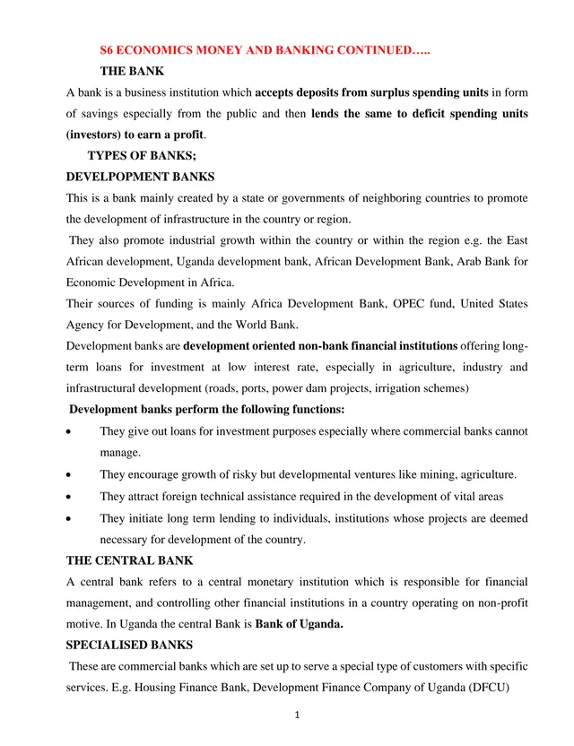 Cover of S6 Economics: Money and Banking – Commercial, Central and Development Banks Notes (S6 Economics Notes)