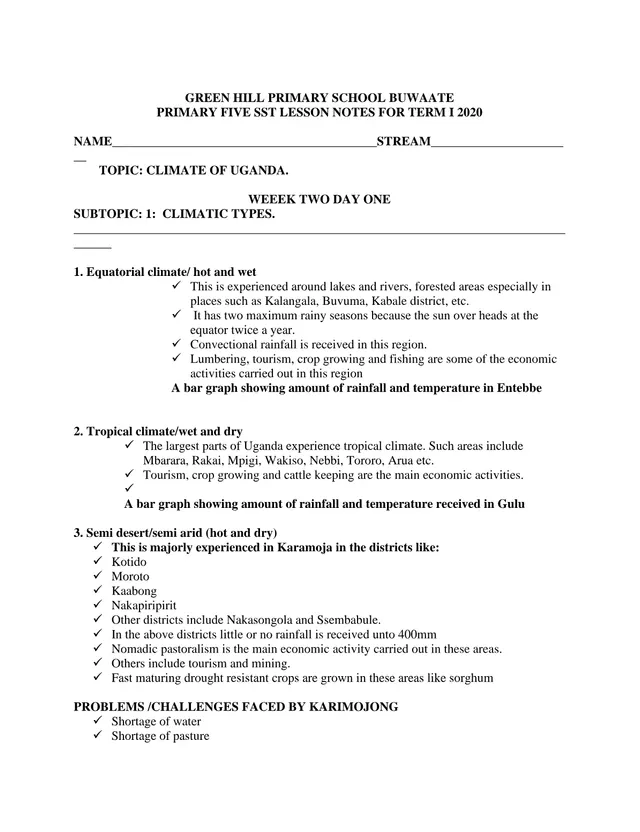 Cover of P5 SST Lesson Notes Term 1 2020: Climate and Vegetation of Uganda – Greenhill Buwaate (P5 Social Studies Past Paper)