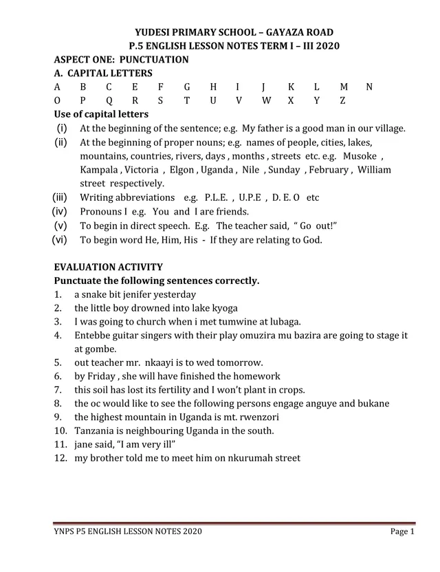 Cover of P.5 English Lesson Notes 2020 – Yudesi Primary School (P5 English Notes)