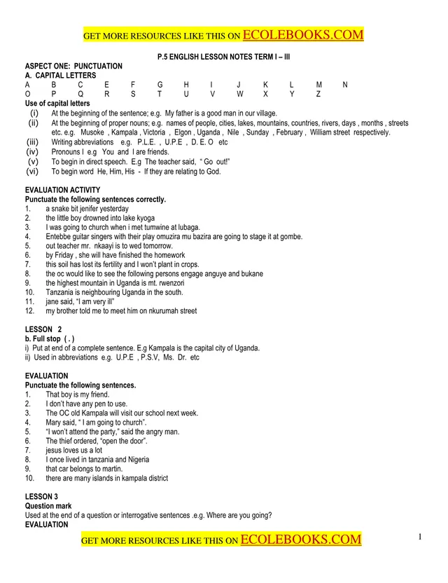 Cover of Primary Five English Lesson Notes – Terms I to III (P5 English Notes)