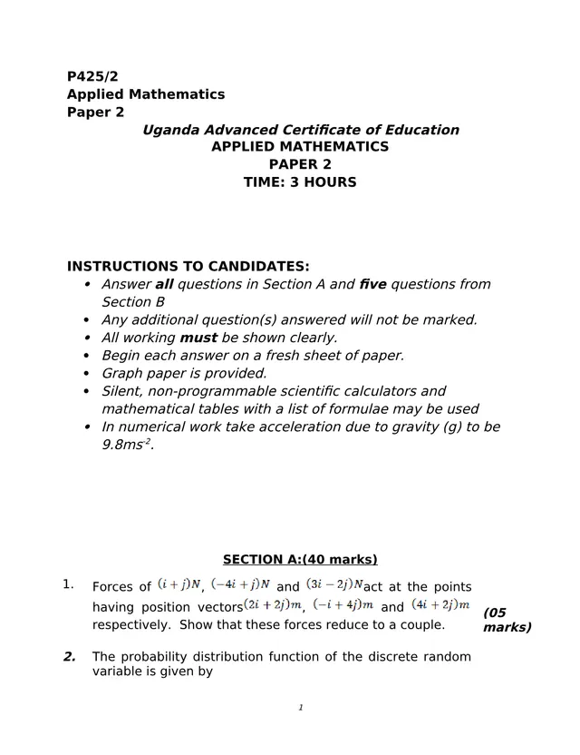Cover of UACE Applied Mathematics Paper 2 (P425/2) (P2 Mathematics Past Paper)
