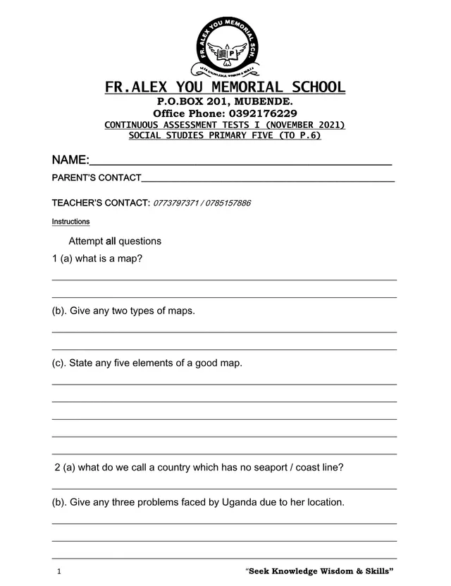 Cover of P.5 Social Studies Continuous Assessment Test I (P.5 to P.6), November 2021 (P5 Social Studies Past Paper)