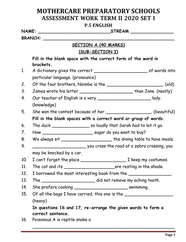 Cover of P5 English Assessment Work, Term II 2020, Set I (P5 English Past Paper)