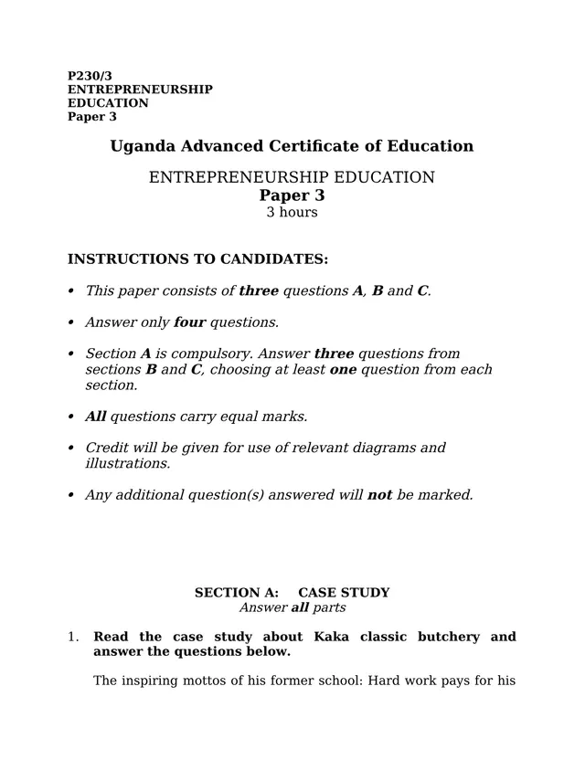 Cover of UACE Entrepreneurship Education Paper 3 (P230/3) – Case Study, Business Club & Field Trip (S6 Entrepreneurship Past Paper)