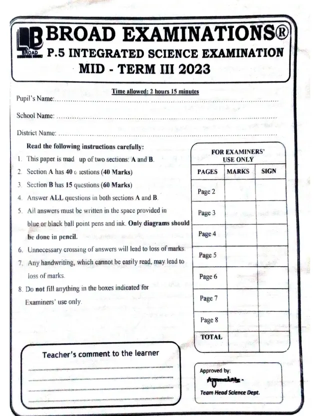 Cover of Broad Examinations P.5 Integrated Science Mid-Term III Exam 2023 (P5 Science Past Paper)