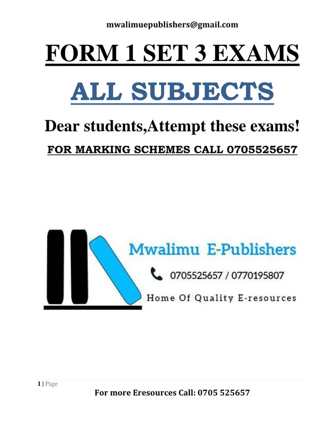 Cover of Form 1 Set 3 Exams 2020: All Subjects (English, Kiswahili and More) (S1 English Past Paper)