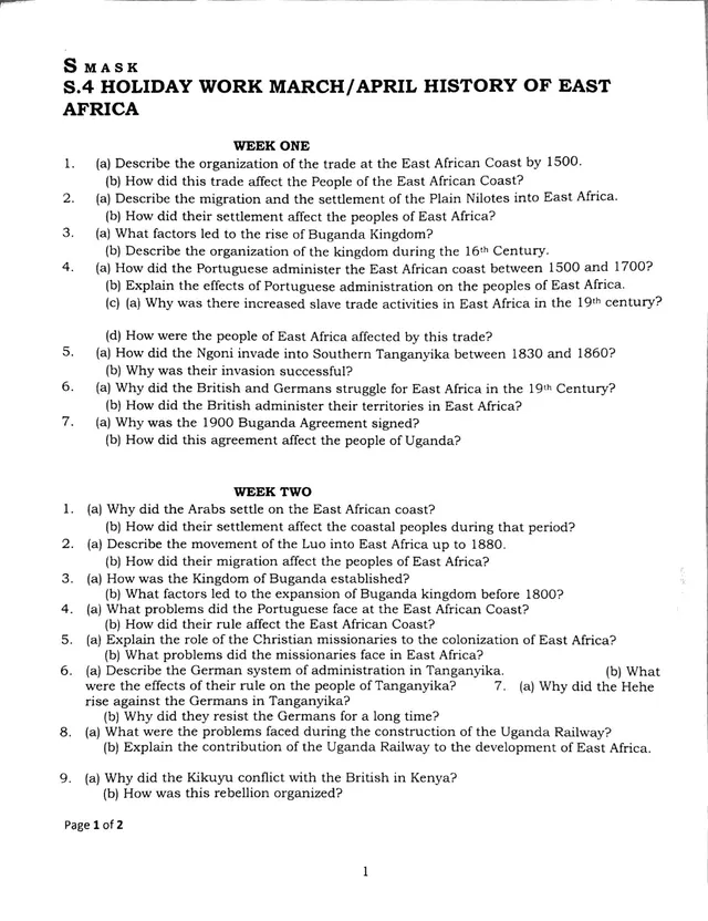 Cover of S4 History of East Africa Holiday Work – March/April (S4 History Revision Test)