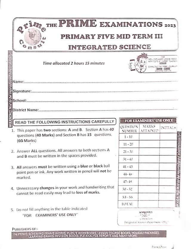 Cover of Primary Five Integrated Science Mid-Term III Examination 2023 (P5 Science Past Paper)