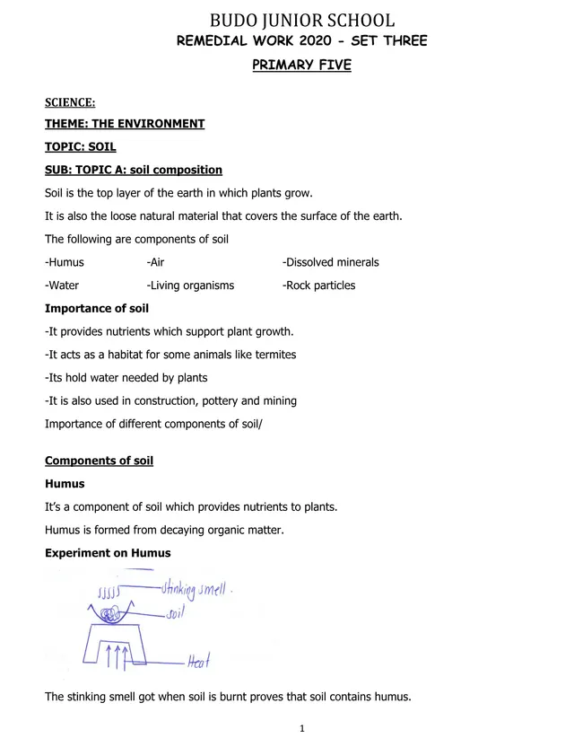 Cover of P5 Science Remedial Work 2020 Set Three: Soil — Budo Junior School (P5 Science Past Paper)