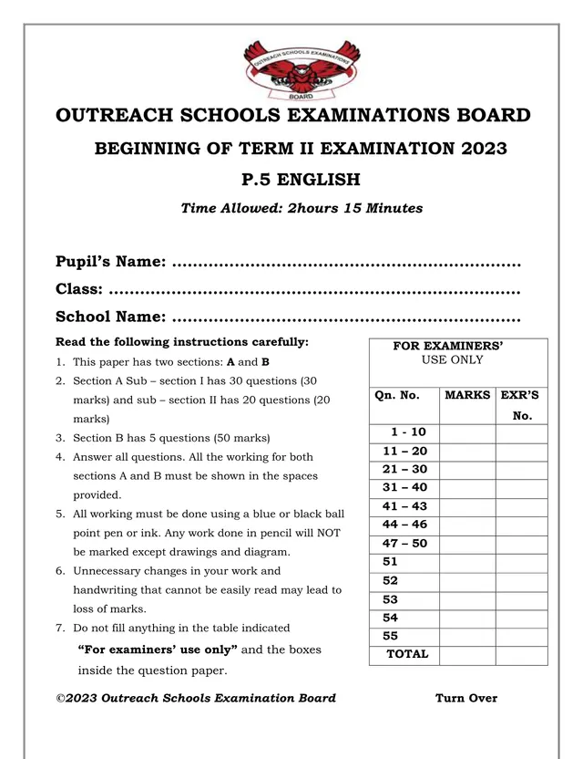 Cover of P.5 English Beginning of Term II Examination 2023 (P5 English Past Paper)