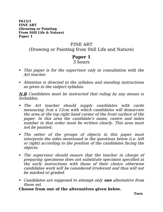 Cover of UACE Fine Art Paper 1 (P615/1): Drawing or Painting from Still Life and Nature (Top Fine Art Past Paper)
