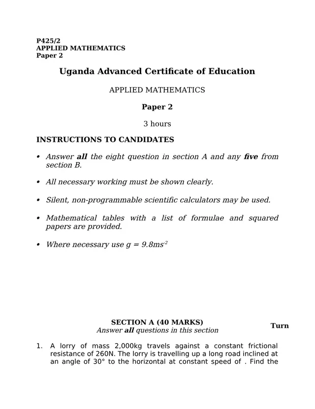 Cover of UACE Applied Mathematics Paper 2 (P425/2) – Mechanics, Statistics and Numerical Methods (S6 Mathematics Past Paper)