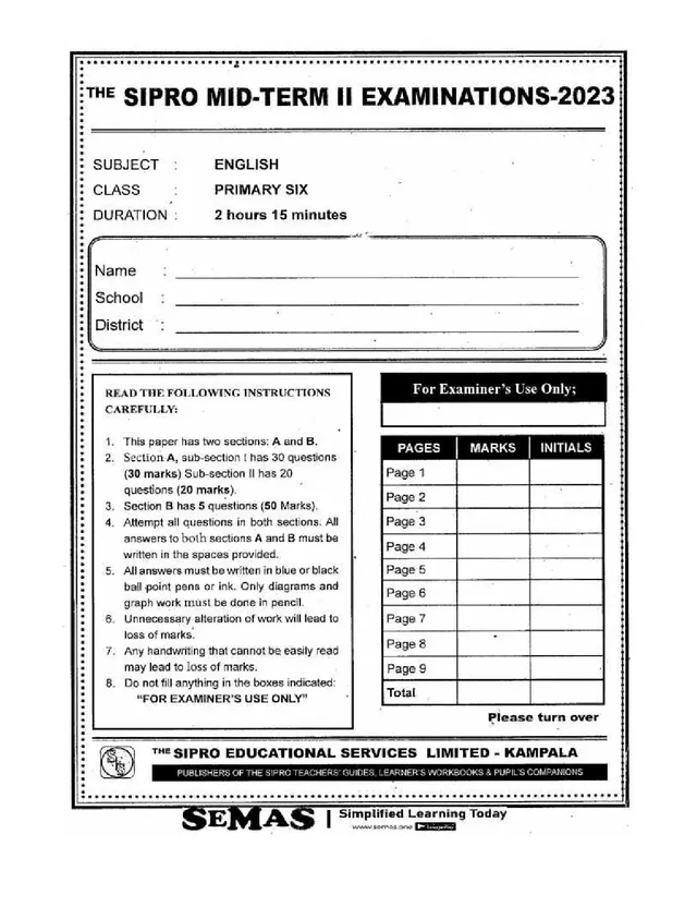 Cover of SIPRO Primary Six English Mid-Term II Examination 2023 (P5 English Past Paper)
