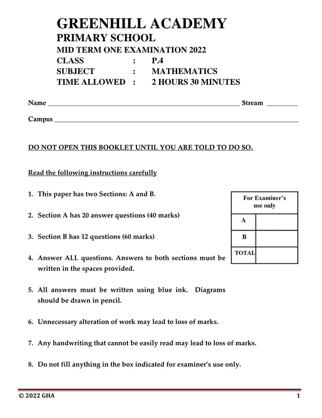 Cover of P.4 Mathematics Mid-Term One Examination 2022 – Greenhill Academy (P4 Mathematics Past Paper)