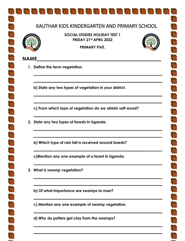 Cover of Primary Five Social Studies Holiday Test 1, April 2022 – Kauthar Kids School (P5 Social Studies Past Paper)