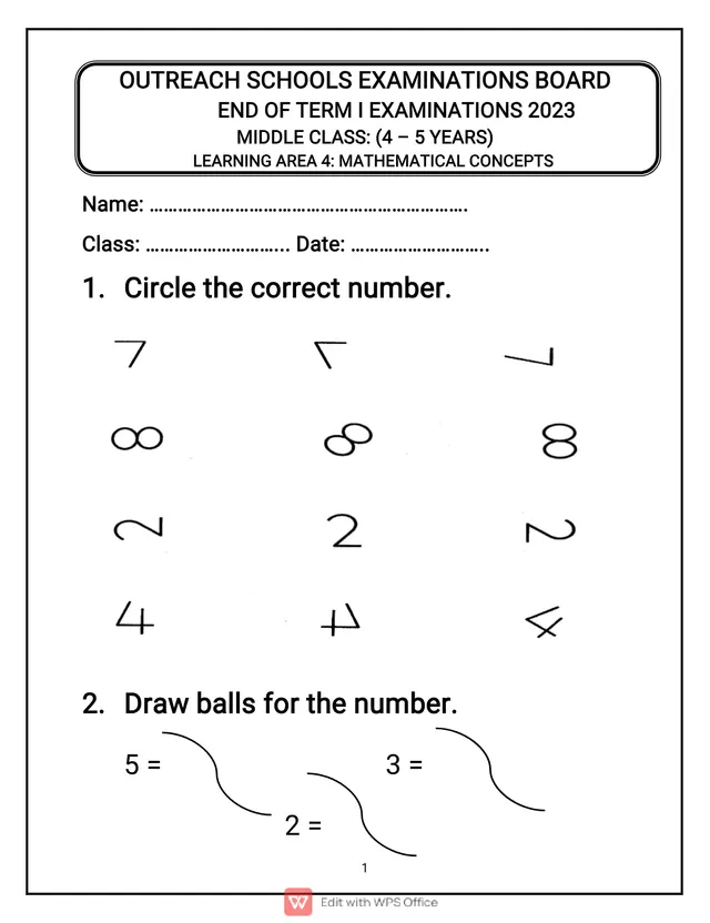 Cover of Middle Class Mathematical Concepts End of Term I Exam 2023 (Middle Mathematics Past Paper)