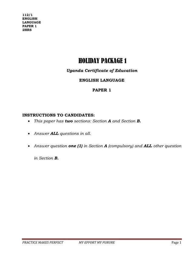 Cover of English Language Paper 1 (112/1) Holiday Package 1 – UCE Composition Practice (P1 English Past Paper)